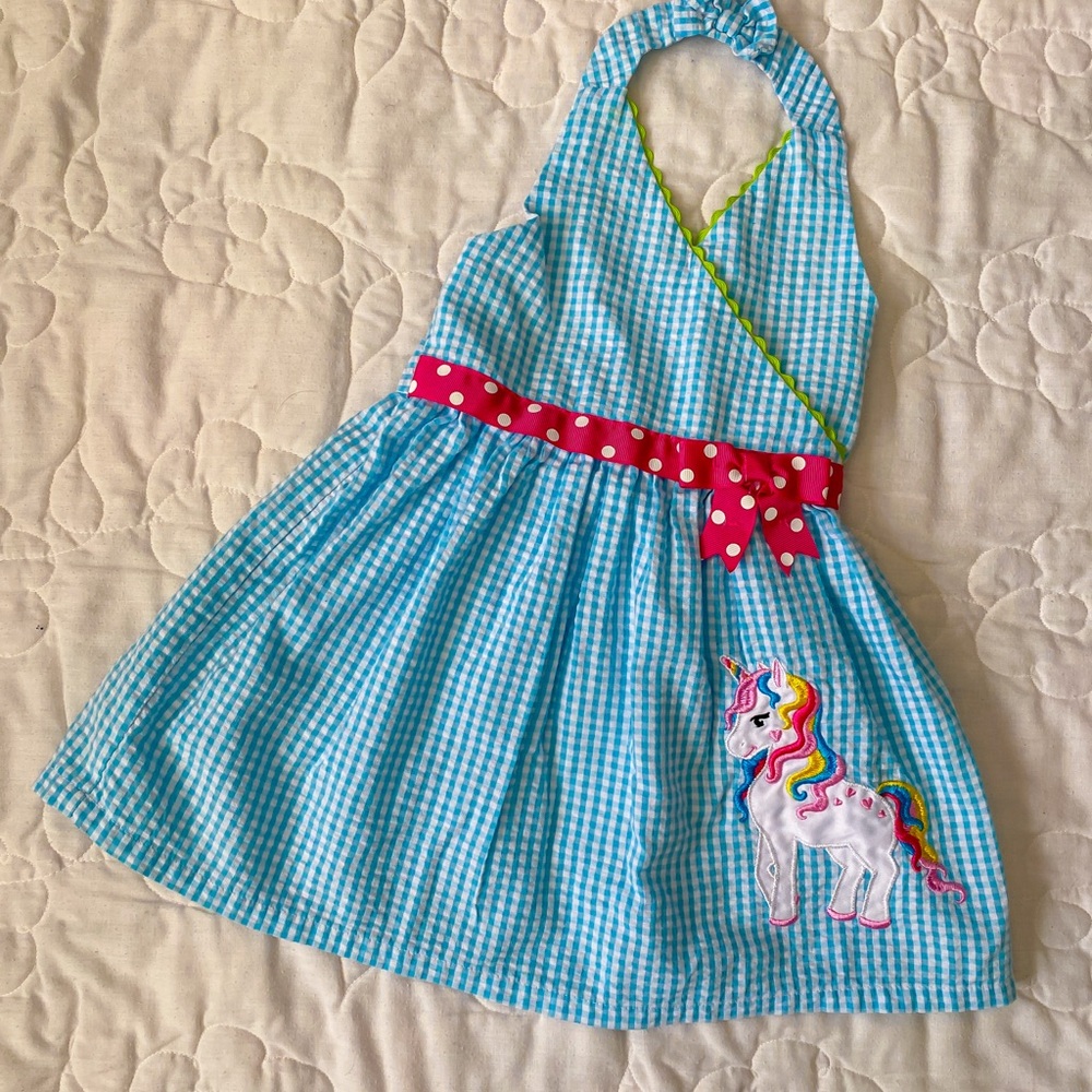 Emily Rose Blue Gingham Halter Dress with Pink Polka Dot Waist and Unicorn Patch
